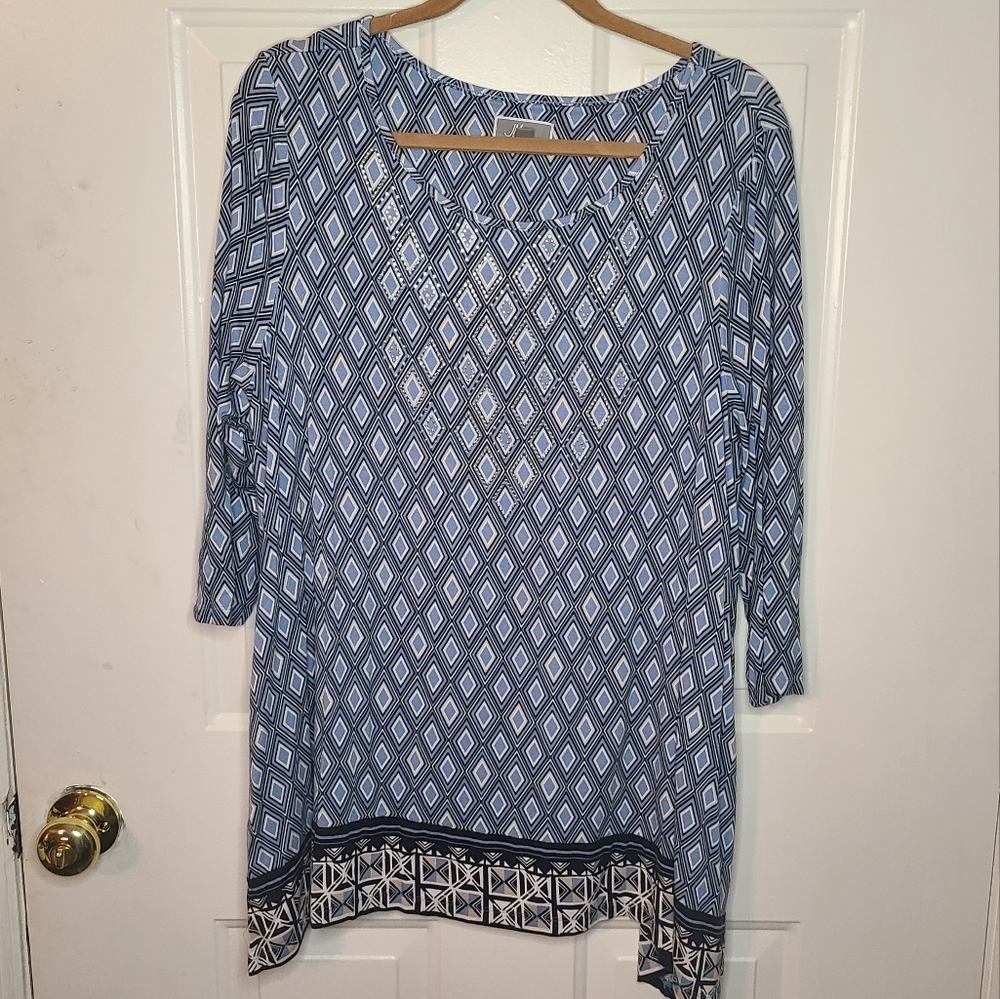 Women's JM COLLECTION Blue Studded Top Tunic 3/4 Sleeve Size L EUC